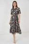 Women's Shirt Collar Belted Short Sleeve Floral Patterned Viscose Navy Blue Dress