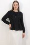 Women's Round Neck Gathered Waist Ruffled Lace-Up Black Blouse - 2