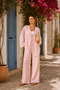 Women's Pink Muslin Two-Piece Set - Tie-Front Kimono Cardigan and Wide-Leg Pants Set - 3
