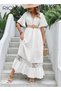 Women's V-Neck Lace Maxi Dress, Summer Boho Elastic Smocked Waist Dresse with Ruffled Sleeve, White - 2