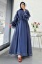 Premium Tulle Jacquard Dress with Ruffle Sleeves - Navy Blue - 2