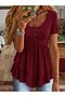 Women's Short Sleeve Round Neck Buttoned Front Asymmetrical Cut Detailed Viscose Blouse