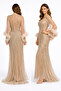 Champagne Gold Fully Beaded Long Evening Gown with Fur‑Trim Sheer Sleeves - 2