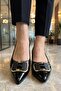 Bella Women's Black H-Buckle Accessory Pointed Toe Shiny Patent Leather Geometric Thick Square Heel Comfortable Office Stiletto - 6