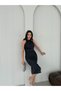Navy Blue Glittery Draped Halter Neck Midi Evening Dress - 3