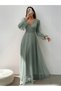 Women's Double Breasted Collared Long Tulle Dress with Belt - 6