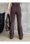 Women's Brown Color Spanish Leg Belt Gathered Detailed High Waist Gathering Stretchy Plain Leggings - 3