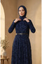 Flock Printed Belted Hijab Dress 5733-02 Navy Blue - 3