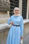 Women's Belt Detail, Elastic Waist, Buttoned Shirt Collar Dress, Baby Blue - 5