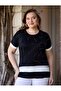 Women's Black Round Neck White Asymmetrical Line Patterned Stylish Tshirt - 3