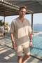 Men's Aerobin Fabric Summer Beige V-Neck T-Shirt & Shorts Bottom Top 2-Piece Set Ls-7222