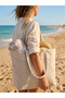 Striped Canvas Beach Bag, Cream Beige Large Shoulder Bag - 2