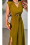 Women's Short Sleeve Padded Front Buckle Side Slit Long Imported Crepe Dress - 2