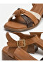 Genuine Leather Tan Block Heeled Sandals with Knot Detail - 3