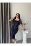 Navy Blue Square Neck Shawl Detailed Beaded Embroidered Midi Evening Dress - 3
