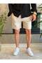 Men's Slim Fit Raw Linen Shorts with Elastic Waist and Laces Beige Eca086