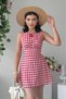 Women's Square Neck Belt Detailed Plaid Patterned Mini Dress Casual Stylish Summer Dress - 5