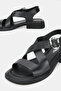 WOMEN'S BLACK GENUINE NATURAL LEATHER STRAPPED BUCKLE FLAT SANDALS - 3