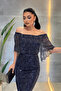 Full Beaded Fabric Boat Neck Pencil Dress - Dark Blue - 4