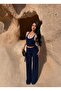 Women's Navy Blue Backless Ribbed Blouse and Wide-Leg Pants Set - 2