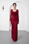 Women's Red Long Sleeve Beaded Evening Dress