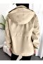 Women's Beige Hooded Trench Coat with Elasticated Sleeves - 7