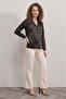 Women's Double-Breasted Collar Satin Black Shirt - 5