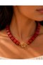 Red Square Glass Beaded Women's Necklace – Handmade with Gold Detailing - 2