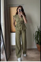 Khaki 100% Cotton Shoulder-Waist Drawstring Blouse and Trousers Set - Y286120
