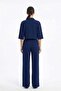Women's Navy Blue Lycra Polyviscon Fabric Snap Detailed Shirt Collar Crop Top and Wide Leg Pants - 3