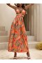Women's Halter Neck V-Neck Slit Long Patterned Single Jersey Dress with Rope Straps - 2