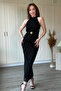 Beli Accessory Detailed Halter Neck Glittery Midi Black Dress - 8