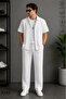 Men's Wrinkled Fabric Summer Buttoned Short-Sleeved Shirt and Lace-Up Double-Pocket Trouser Set
