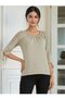 Women's Crew Neck Three Quarter Sleeve Shoulder and Sleeve Guipure Stone Design Detail Summer Tshirt Blouse - 5