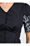 Black Contrast Embroidered A-Line Midi Dress - 4