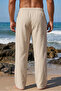 Men's 100% Linen Comfortable Fit Elastic Waist Summer Linen Trousers with Pockets Daily Casual Beach Pants - 4