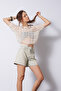 Tricot Blouse with Openwork Sequence Embellishment Detail, Ecru - 2