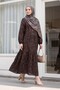 Elastic Sleeves, Half Button, Jacquard Printed Piece Dress - Brown - 5