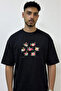 Flower Bunch Design Printed Oversize Black T-Shirt