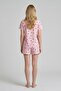 Women's Pink Strawberry Patterned Ribbed Short Sleeve Shorts Pajama Set - 3
