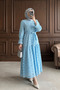 Crew Neck Scalloped Lined Long Linen Hijab Dress - Blue