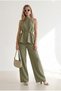 Women's Khaki Halter Neck Bell Blouse with Pockets Linen Pants Set Tkm-19000510 - 4