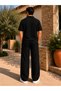 Men's Set Pitircik Fabric Cuban Collar T-Shirt & Bottom Top Set - 3