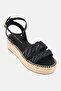 Women Lather Rope Real Espad Adjustable Buckle Wedge Sandals, Black