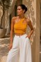 Women's Yellow Cross Halter Neck Ribbed Crop Top with Drop Detail - 3
