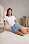 Blue Snow Denim Skirt with Cut-Outs, High Waist Lycra Soft Jeans Skirt - 5