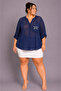 Large Size V-Neck Buttoned Stone Embroidered Capri Sleeve Pocket Thin Women's Shirt - 6