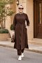 Women's Ribbed Zippered Linen Tunic Pants Brown Double Set - 2