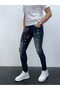 Men's Slim Fit Bandana Patterned Ripped Detail Lycra Denim Jean Trousers Dark Blue - 4