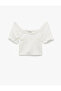 Lace Detailed U-Neck Short Balloon Sleeve Crop Blouse - 4